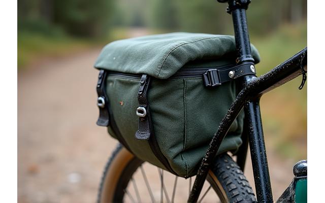 Durable frame bag on a gravel bike, mud-splattered