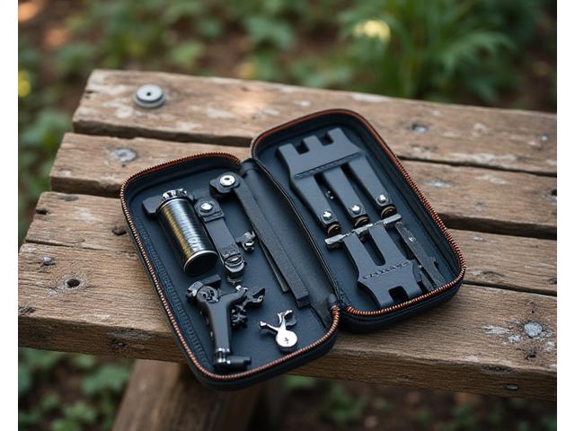 Compact bike repair kit with essential tools on a rustic wooden surface.
